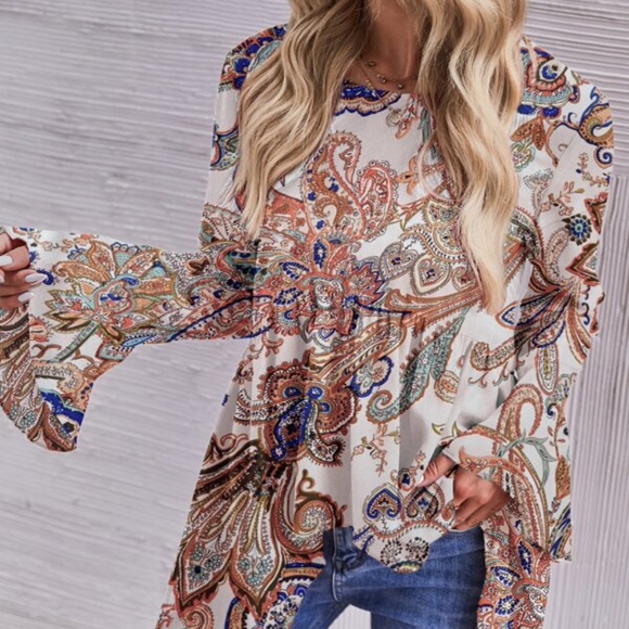 Bohemian Paisley Print Ruffle High Low Top Cottagecore - Picture 5 of 5